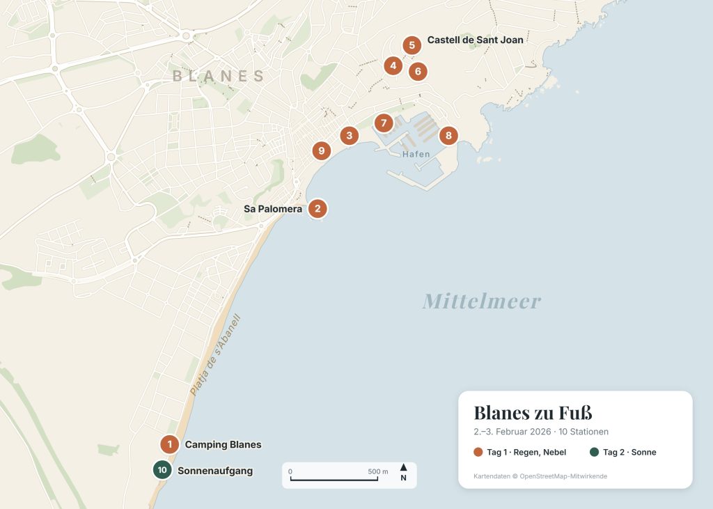 Karte von Blanes mit zehn nummerierten Stationen unseres Rundgangs im Februar 2026, vom Campingplatz am Strand von s’Abanell bis zum Castell de Sant Joan