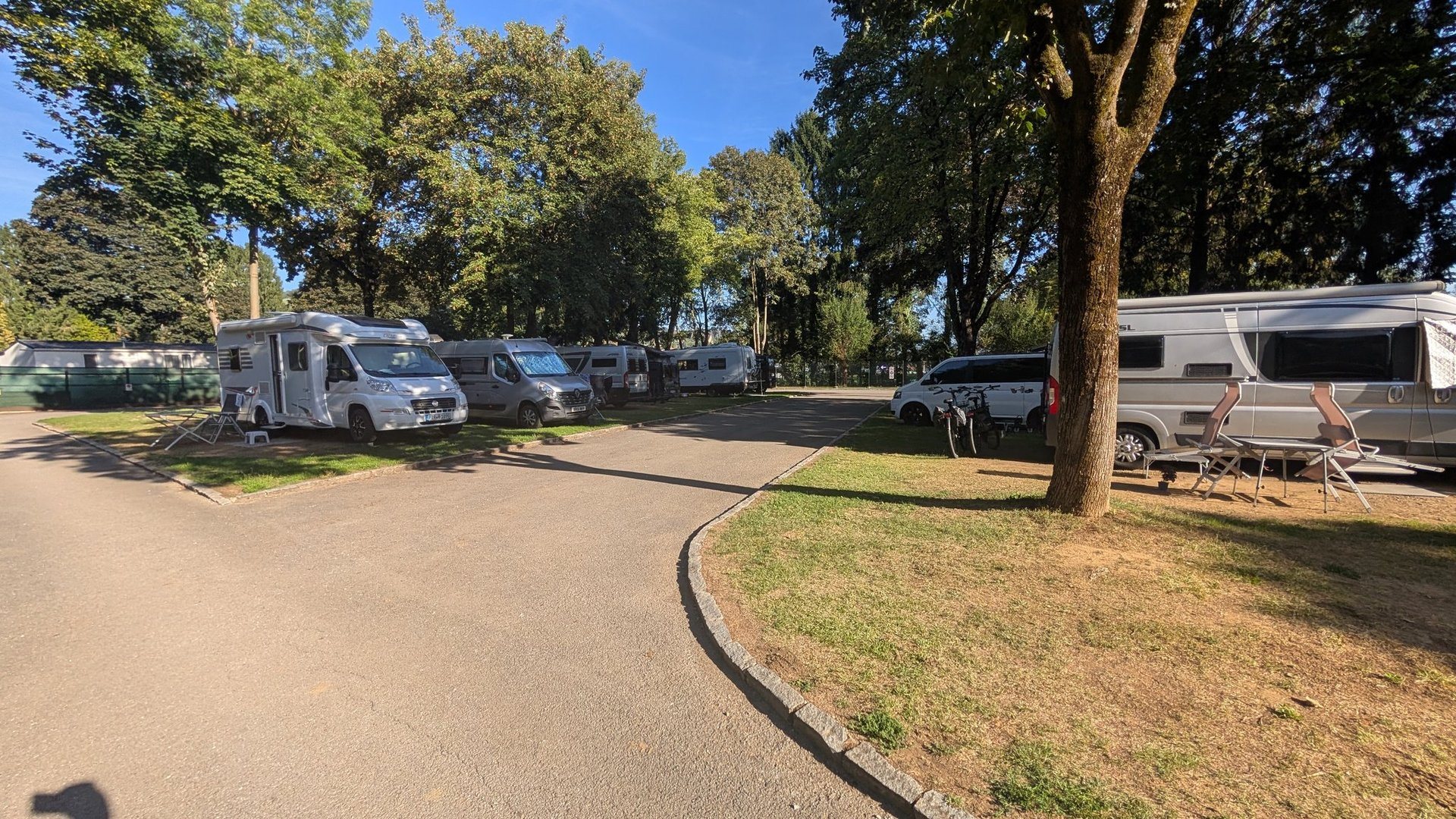 Wohnmobile auf einem Stellplatz unter Bäumen