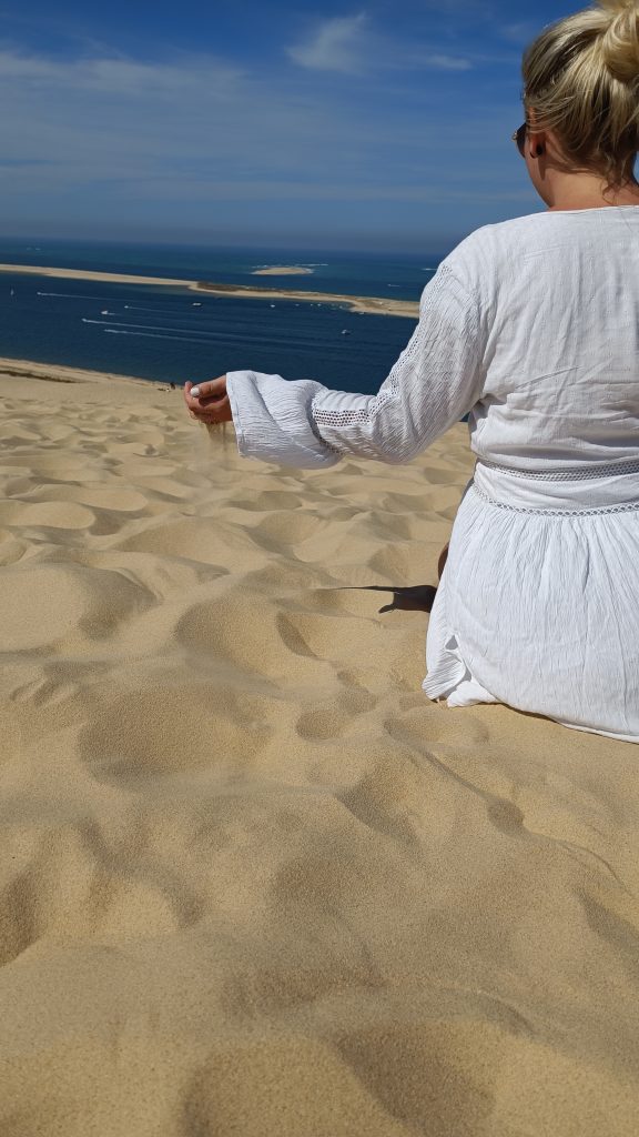 Blick über den Bassin d'Arcachon von der Dune du Pilat, im Hintergrund die Sandbank Banc d'Arguin