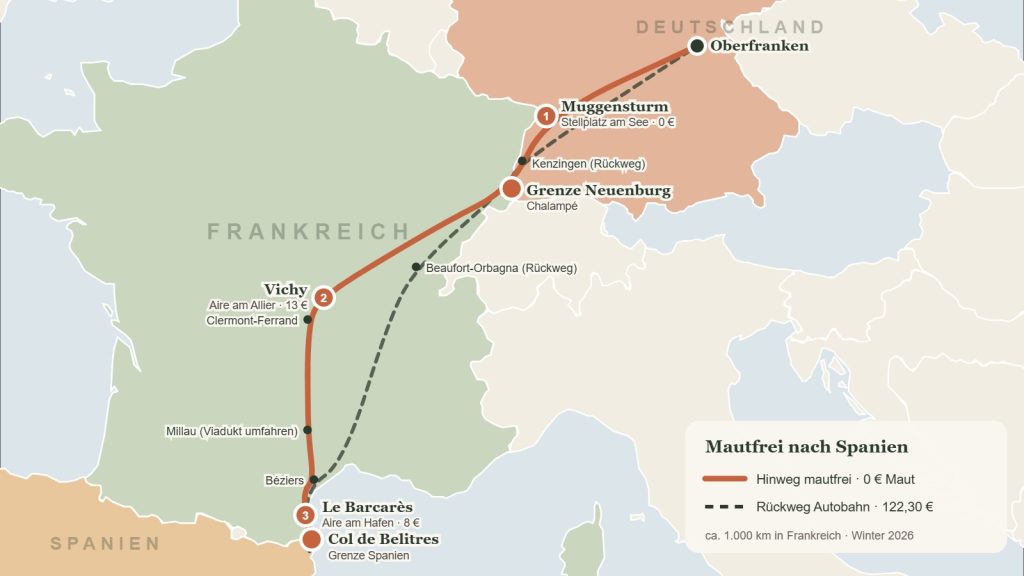 Routenkarte mautfrei durch Frankreich nach Spanien
