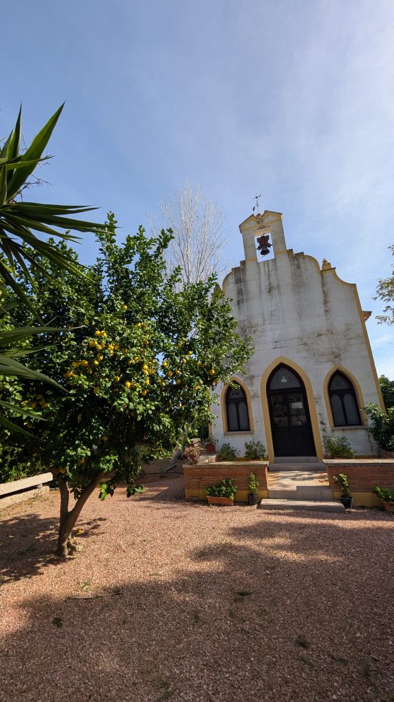 Weiße Kapelle auf dem Stellplatz in Alcalalí, davor ein Orangenbaum mit Früchten