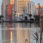 Die Salinas von Calp am Abend, dahinter Hochhäuser, die sich im Wasser spiegeln