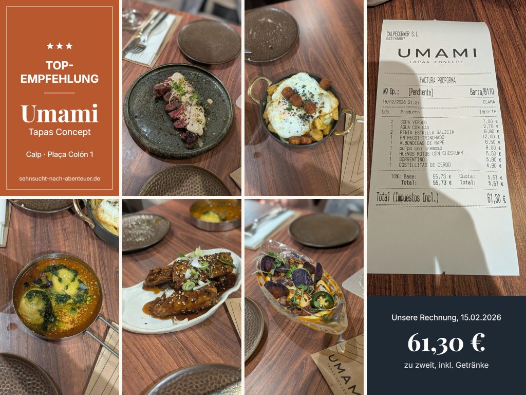 Collage aus dem Umami Tapas Concept in Calp: Entrecôte, Huevos rotos mit Chistorra, Sorrentino, Schweinerippchen, Pulpo-Tapa und die Rechnung über 61,30 Euro, dazu das Schild Top-Empfehlung