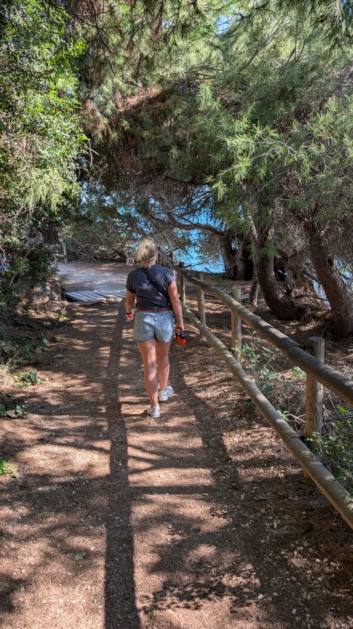 Eva auf dem schmalen Küstenweg unter Kiefern